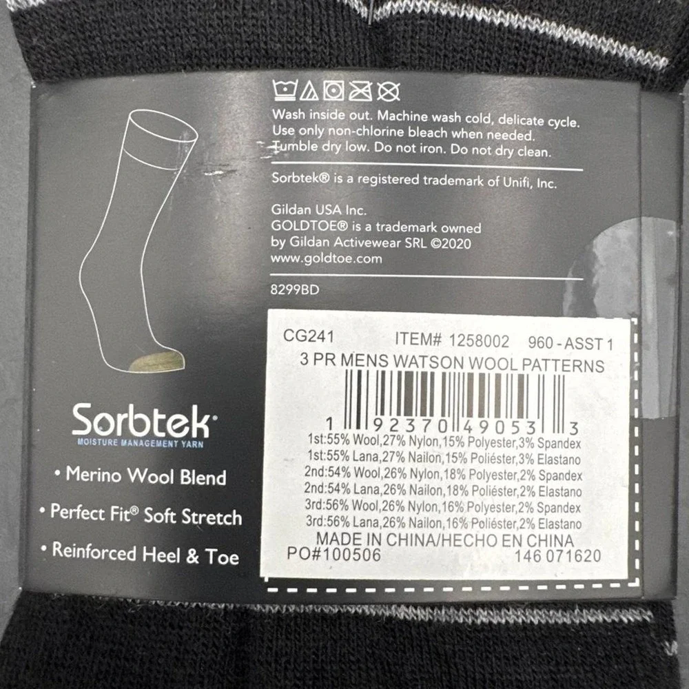 Gold Toe Watson Wool Dress Crew Socks-3 Pack NWT